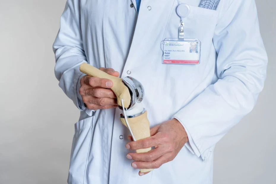 A doctor holds an artificial knee joint in his hand.